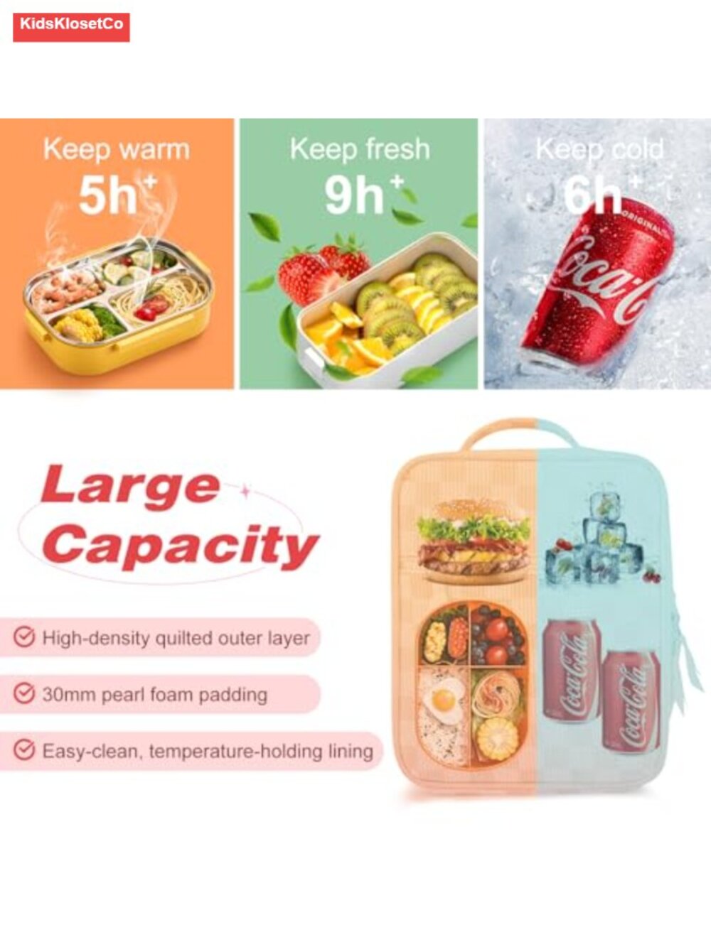 Insulated Quilted Lunch Bag for Women Work School Picnic Large Capacity - Picture 4 of 6